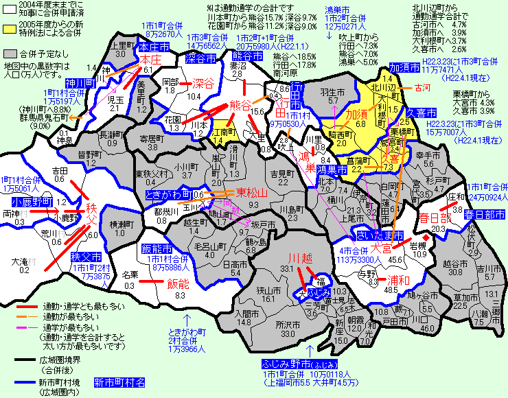 関東・甲信越の市町村合併（2010年3月末まで）